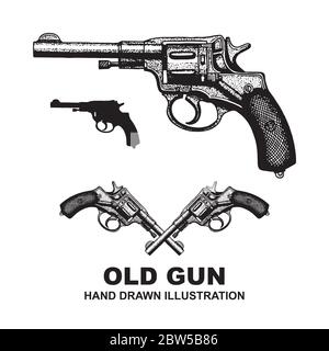 Gun. Vintage handgun hand drawn vector illustrations set. Gun sketch drawing. Part of set. Stock Vector