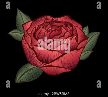 Embroidery red roses on a black background. Stock Vector