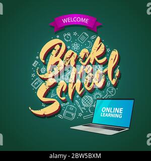 Square banner back to school, online education. Lettering and linear icons. Stock Vector