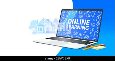 Horizontal banner on the topic of distance learning, an open Vector illustration Stock Vector