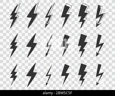vector graphic of flat thunder and bolt lighting flash icons set vector on transparent background. thunder icon for marketing element, etc. vector eps 10 Stock Vector