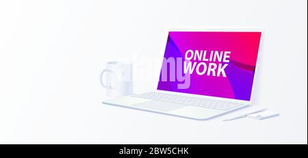 Horizontal banner on the topic of online work. Open laptop. Minimalism. Stock Vector