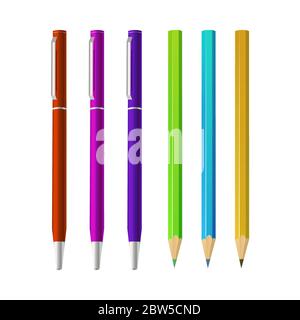Set of multi-colored pencils and pens on a white background. Realistic style Stock Vector
