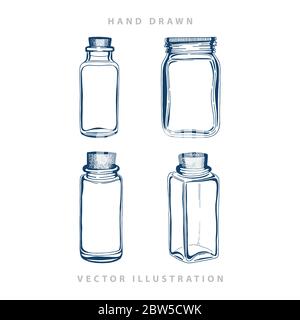 Jar. Hand drawn different jars with labels. Glass jar sketch drawing set. Stock Vector