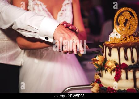 Wedding couple cutting wedding cake. Bride and groom holding knife in hands together. Marriage cooperation. Wedding day concept. Stock Photo