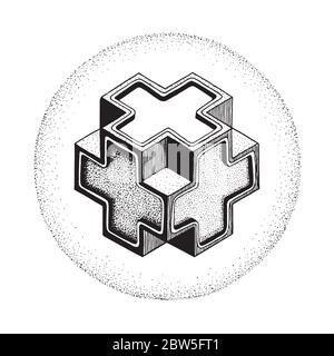 Hand drawn volumetric design element. Isometric plus symbol vintage style sketch drawing. Stock Vector