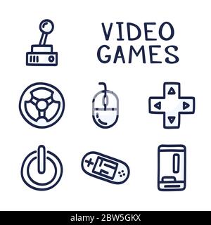Set of doodle vector icons related to computer games. Joysticks, gaming controllers, computer and laptop. Electronic devices Stock Vector
