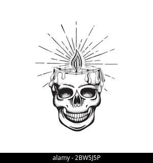 Skull. Skull with burning candle with rays in head. Skull and candle hand drawn vector illustration. Live and death metaphor concept. Stock Vector