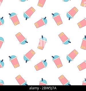 Seamless pattern Bubble Tea with different fruits and berries. Milk Cocktails in plastic cup, tubule. Different sorts of Bubble Tea Cocktails. pastel Stock Vector