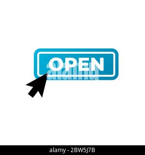 Blue open button isolated on white. flat modern logotype graphic art design illustration element. concept of signup on site or apply now to community Stock Vector