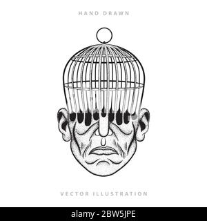 Human head with empty birdcage. Male abstract head hand drawn vector illustration. Human thinking, intelligence and opportunities metaphor graphic. Stock Vector