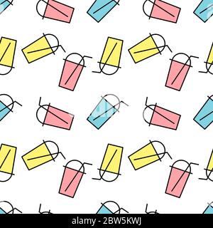 Seamless pattern Bubble Tea with different fruits and berries. Milk Cocktails in plastic cup, tubule. Different sorts of Bubble Tea Cocktails. pastel Stock Vector