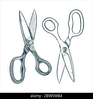 Scissors. Hand drawn big scissors vector illustrations set. Scissors sketch drawing isolated on white background. Stock Vector