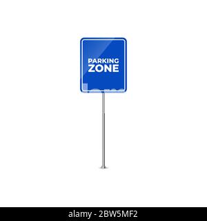 Parking road sign blank. Parking place for car. Transport park zone. Roadsign regulation. Transportation parking place. Glossy blue icon for street pa Stock Vector