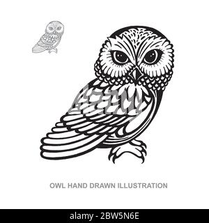 Owl. Side view owl drawing in vintage engraving style vector illustration. Metaphorical symbol of wisdom and knowledgeю Stock Vector