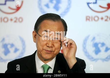 Rio de Janeiro, June 24, 2012. United Nations Secretary - General Ban Ki - moon attends a conference during Rio + 20, in the Rio Centro in the City of Stock Photo