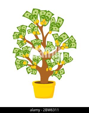 Money tree with coins and banknotes. Flat cartoon potted house plant ceramic. Growing gold coin and green dollar, sprouts rising from pot. Hundreds dollars, paper bills. Isolated vector illustration Stock Vector