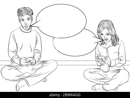 Man and woman sitting on a floor with legs crossed, looking at their mobile phones and screaming - comic book style, positive excited Stock Vector