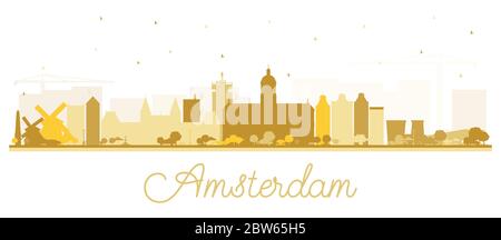 Amsterdam Holland City Skyline Silhouette with Golden Buildings Isolated on White. Vector Illustration. Tourism Concept with Historic Architecture. Stock Vector