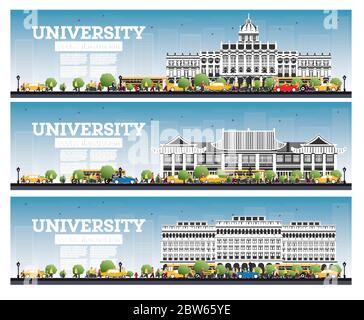 University Campus Set. Study Banners. Vector Illustration. Students Go to the Main Building of University. Skyline with Blue Sky and Green Tree. Stock Vector