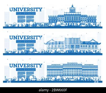 Outline University Campus Set. Study Banners. Vector Illustration. Students Go to the Main Building of University. Stock Vector