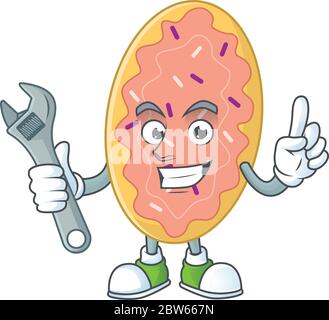 A smart mechanic bread cartoon mascot design fix a broken machine Stock Vector