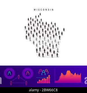 Wisconsin people map. Detailed vector silhouette. Mixed crowd of men and women icons. Population infographic elements. Vector illustration isolated on Stock Vector