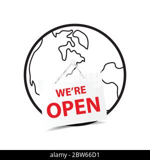 We are open tag sign on globe for reopening after covid-19 coronavirus outbreak lockdown. Business health care and medical icon vector. Stock Vector