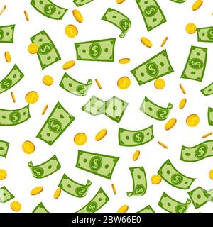 Money rain flat cartoon Seamless pattern. Green paper notes and gold coin flying in air. Money banknotes flying wite background, various banknotes, different coins. Money float. Vector illustration Stock Vector