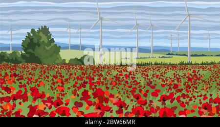 White wind turbine generating electricity in the poppy field Stock Vector
