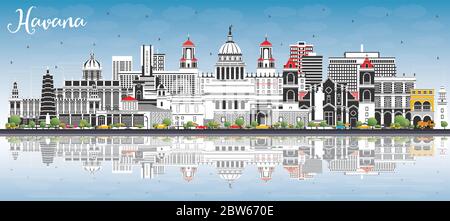 Havana Cuba City Skyline with Color Buildings, Blue Sky and Reflections. Vector Illustration. Stock Vector