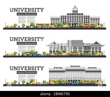 University Campus Set. Study Banners Isolated on White. Vector Illustration. Students Go to the Main Building of University. Skyline with Green Tree. Stock Vector