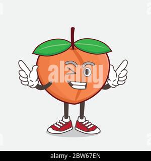 An illustration of Peach Fruit cartoon mascot character with Winking eye Stock Vector