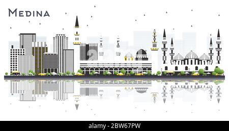 Medina Saudi Arabia City Skyline with Gray Buildings and Reflections Isolated on White. Vector Illustration. Stock Vector