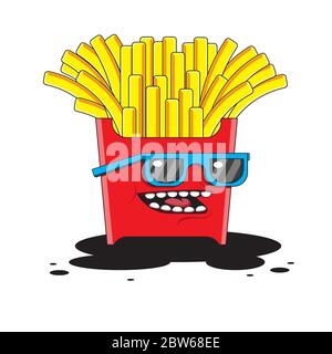 Fried potaFrench fries character with glasses on a white isolated background. Vector imagetoes Stock Vector