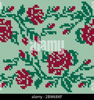 Ethnic Ukrainian Broidery in green and red hues on the light background, simple seamless vector illustration Stock Vector