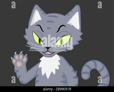 Cat grey annoyed showing claws, cartoon character color vector illustration, horizontal Stock Vector