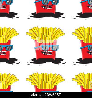 seamless pattern of French fries in glasses cartoon on white background. Vector image Stock Vector