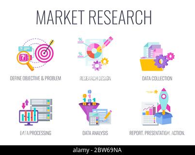Market research icons. Marketing infographics. Flat vector illustration. Stock Vector