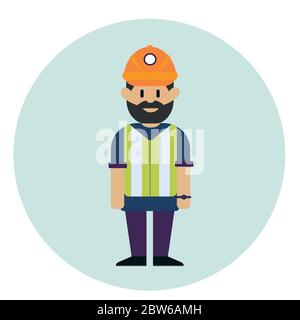 Working man in helmet and reflective waistcoat. Vector flat design illustration Stock Vector