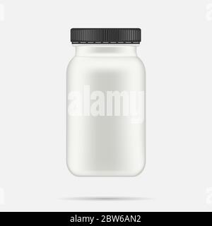 White matte plastic bottle with black lid for vitamins, tablets, pills. Realistic packaging mockup template with sample design. Medical container Stock Vector