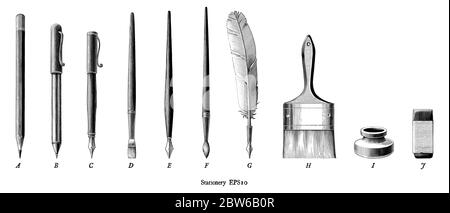 Antique engraving illustration of stationery set drawing in vintage style black and white clip art isolated on white background Stock Vector