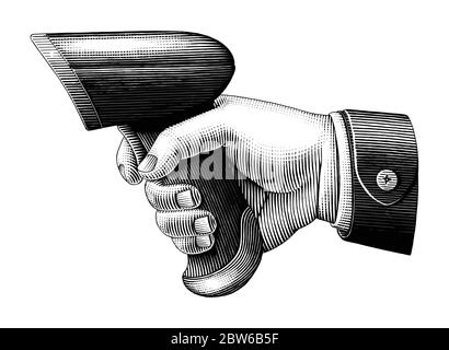 Hand holding barcode scanner drawing vintage style black and white clip art isolated on white background Stock Vector