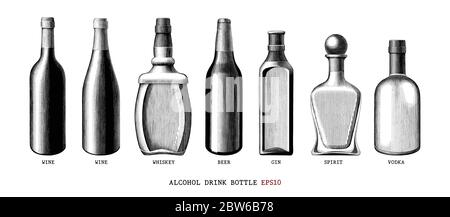 Alcohol drink bottle collection hand draw vintage style black and white clipart isolated on white background Stock Vector