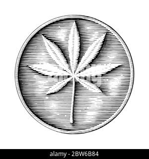Cannabis logo hand drawing in coin style black and white clipart isolated on white background Stock Vector