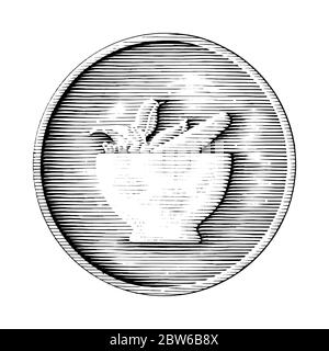 Mortar and pestle hand drawing in coin vintage style black and white clipart isolated on white background Stock Vector