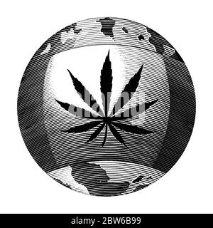 Cannabis day logo hand drawing vintage style black and white clipart isolated on white background. The cannabis flag surrounds the world Stock Vector