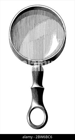 Vintage magnifier hand drawing engraving illustration black and white clip art isolated on white background Stock Vector