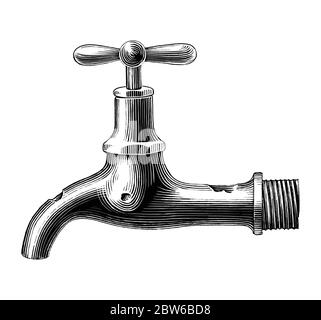 Vintage water tap hand drawing engraving illustration black and white clip art isolated on white background Stock Vector