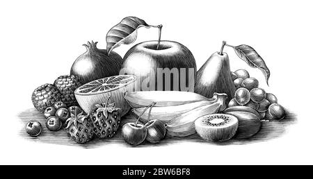Fruits illustration vintage engraving style black and white clip art isolated on white background Stock Vector